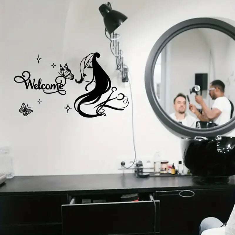 1pc Hairdressers Salon Wall Decal Beauty Salon Wall Sticker Welcome Creative Vinyl Art Mural for Scissors Barber Shop Decor