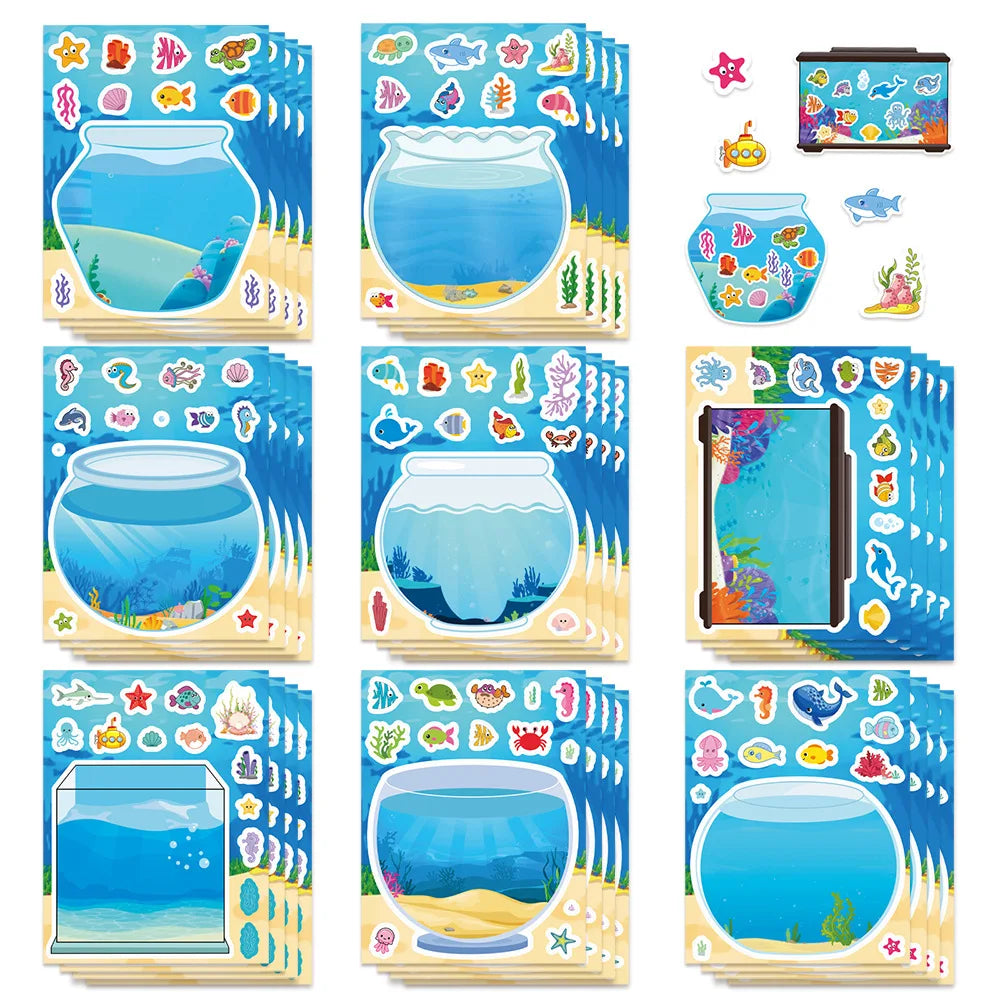 16PCS Fishbowl Marine Animal Children's Reward Stationery Notebook Cartoon DIY Make a Face Stickers Game Handicraft Stickers