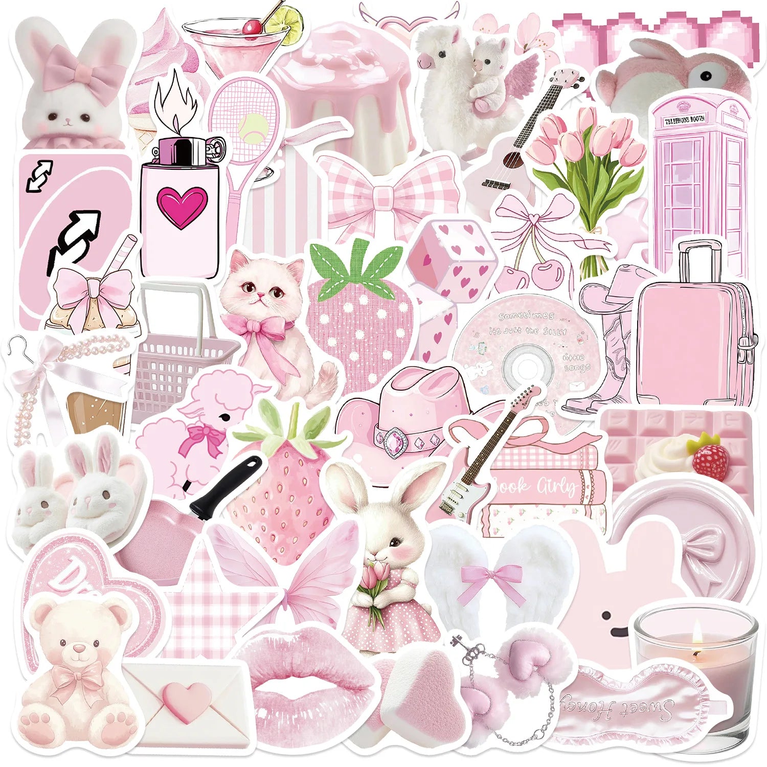 50PCS Cartoon Pink Gentle Aesthetic Stickers Decorative Guitar Notebook Luggage DIY Waterproof Stationery Stickers