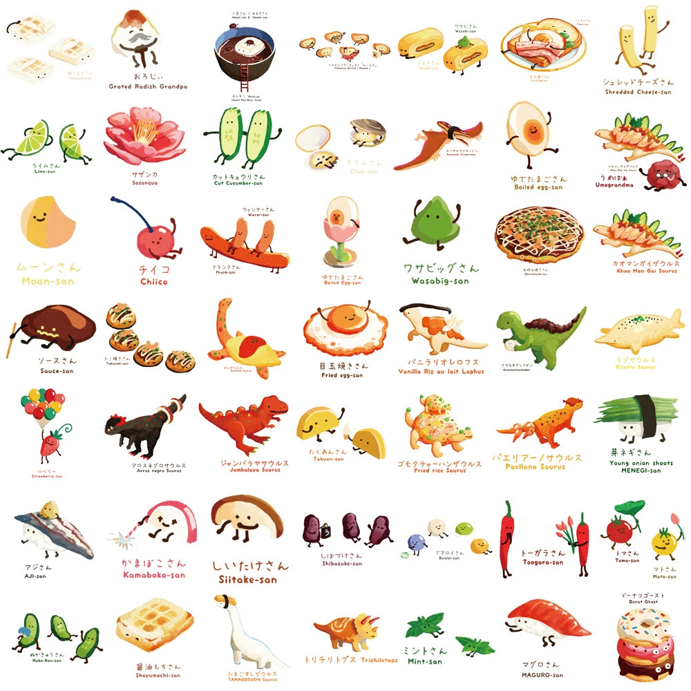 50PCS Japanese Dinosaur Themed Recipe Decor Wall Art Stickers Cartoon Decal For Graffiti Laptop Luggage Phone Scrapbook Stickers