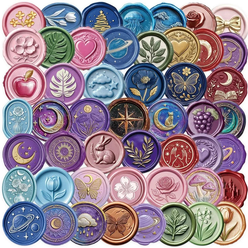 50PCS Cartoon Seal Stamp PET Sticky Sticker Aesthetic Tear Open Colored Children's Decoration Scrapbooking Stationery Supplies