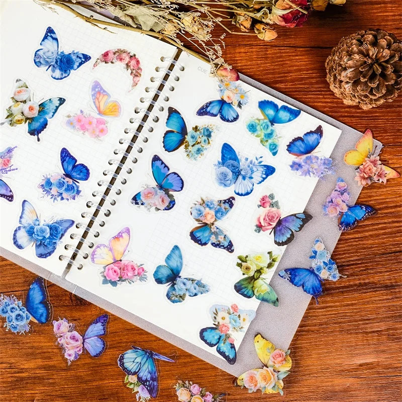 56PCS Cartoon Blue Butterfly PET Sticky Sticker Aesthetic Tear Open DIY Decoration Scrapbooking Sketchbook Supplies for Kids