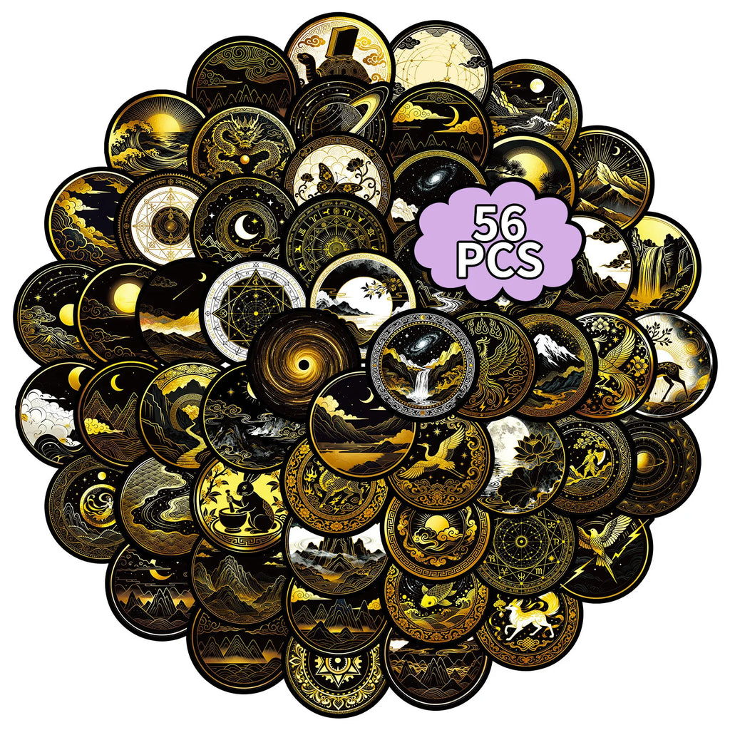 56/112PCS Black Golden Celestial Cartoon Graffiti Stickers Dark Decoration Luggage Stationery Notebook Waterproof Stickers