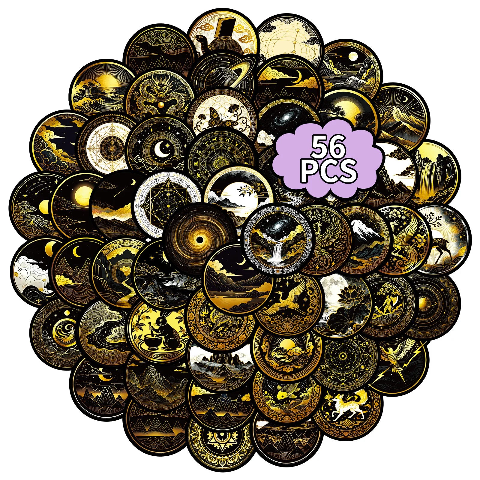 56/112PCS Black Golden Celestial Cartoon Graffiti Stickers Dark Decoration Luggage Stationery Notebook Waterproof Stickers