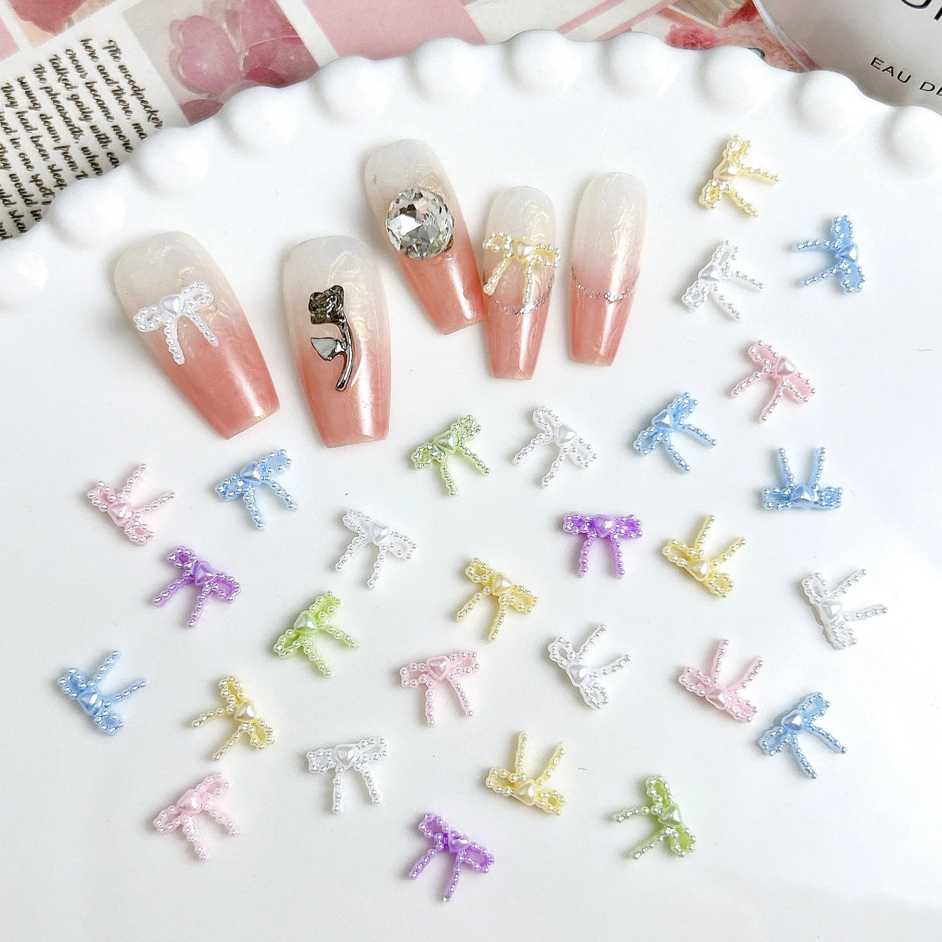 20pcs Mini Nail Charms Trendy Bow and Pearl Love Heart Nail Art Accessories Multi Colors Ribbon Bow ties Resin Nails Decoration