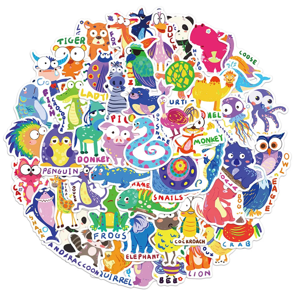 50PCS Children's English Cartoon Animal Graffiti Stickers DIY Luggage Laptop Tablet Speaker Decoration Stickers