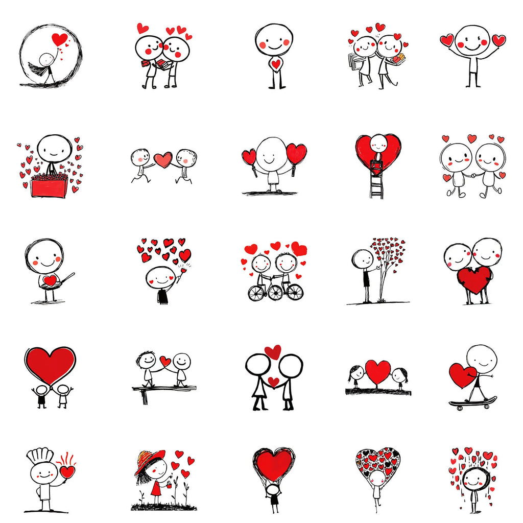 50PCS Simple Line Graffiti Stickers Red Heart Cartoon DIY Children Staionary Notebook Stickers