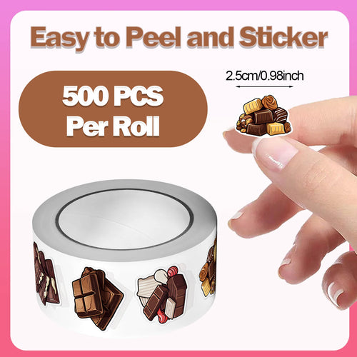 1Roll(500Pcs) Sweet Chocolate Dessert Pattern Stickers 2.5cm/1.0'' 8 Designs Decals Diy Adorn Gifts Suitable for Gift Home Decor