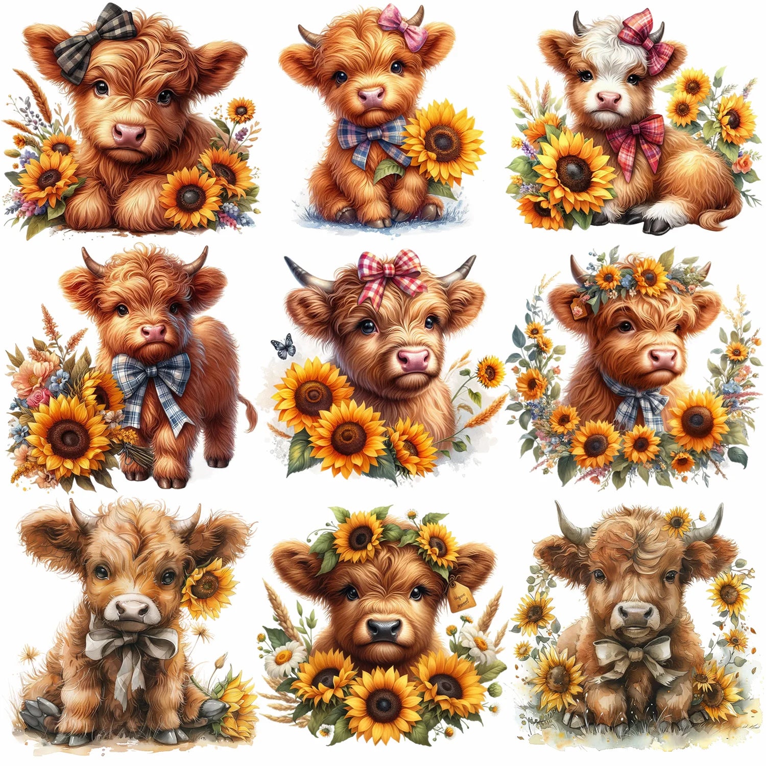 9 sheets Highland Cattle Animal Theme Iron-On Decals T-Shirt Heat Transfers for DIY, Funny, Sunflower, T-shirts, Masks, Jeans