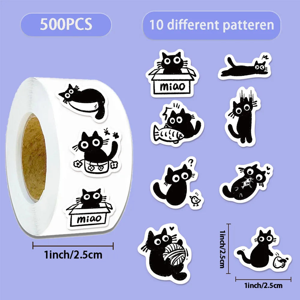 500PCS Little Black Cat Cute Cartoon Reward Stickers DIY Phone Cases, Water Cups, Envelopes, Notes, Reward Gifts, Seal Stickers