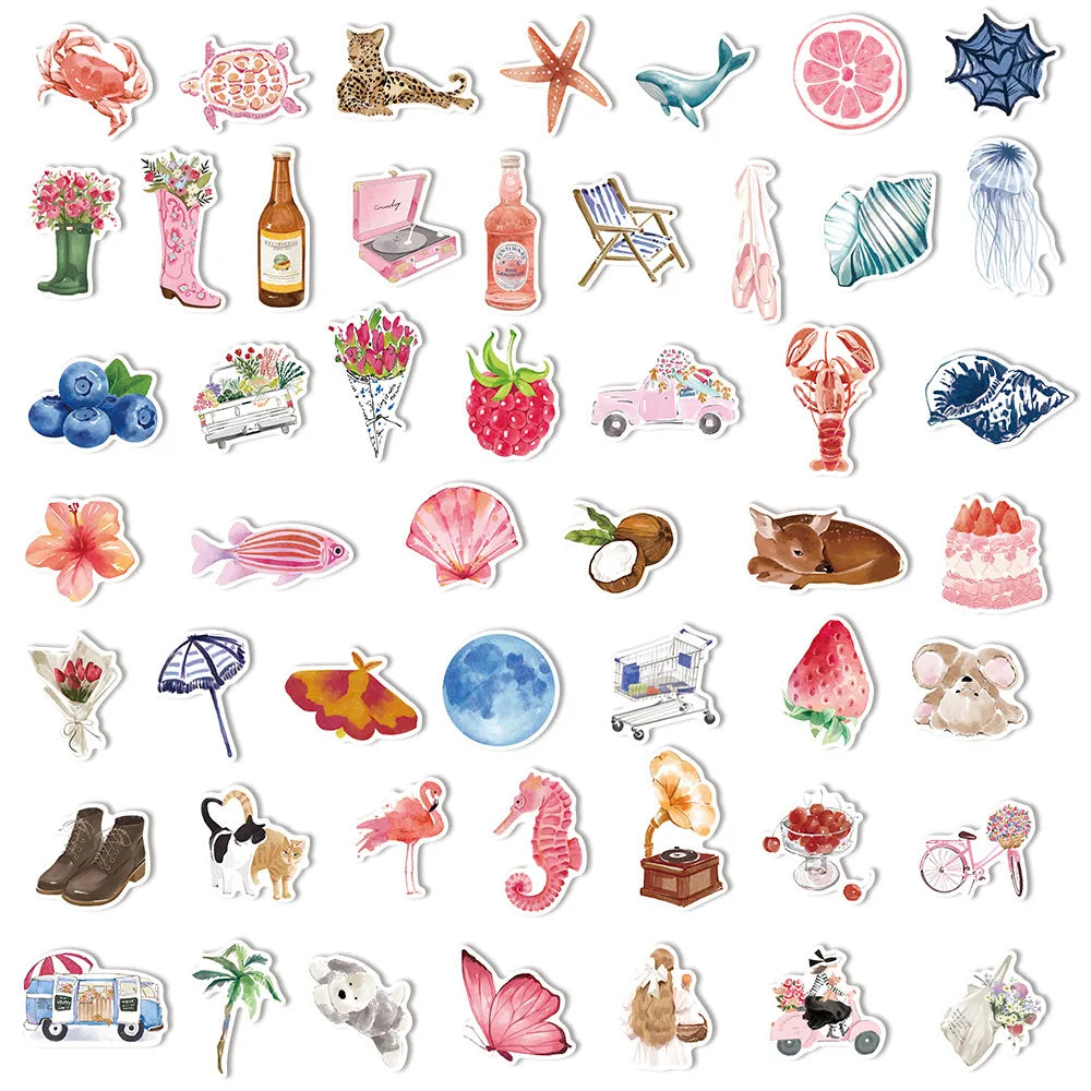 50PCS Watercolor Diary 2 Cartoon Ins Style DIY Stickers Sketchbook Phone Case Notebook Luggage Skateboard Waterproof Stickers