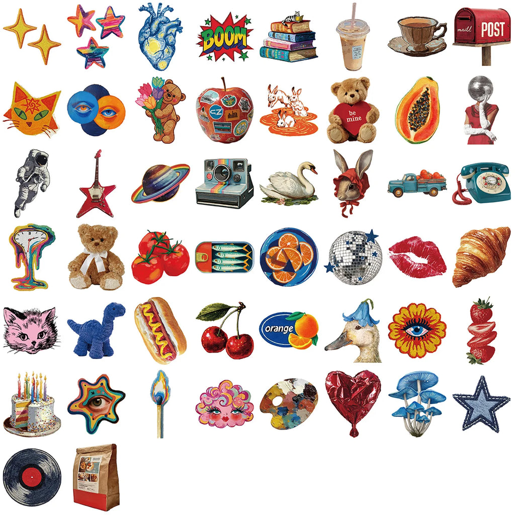‌50/100Pcs Retro Cartoon Aesthetic Stickers - Vintage Mix PET Waterproof Decals for Guitar, Piano, Fridge, Suitcase, Stationery