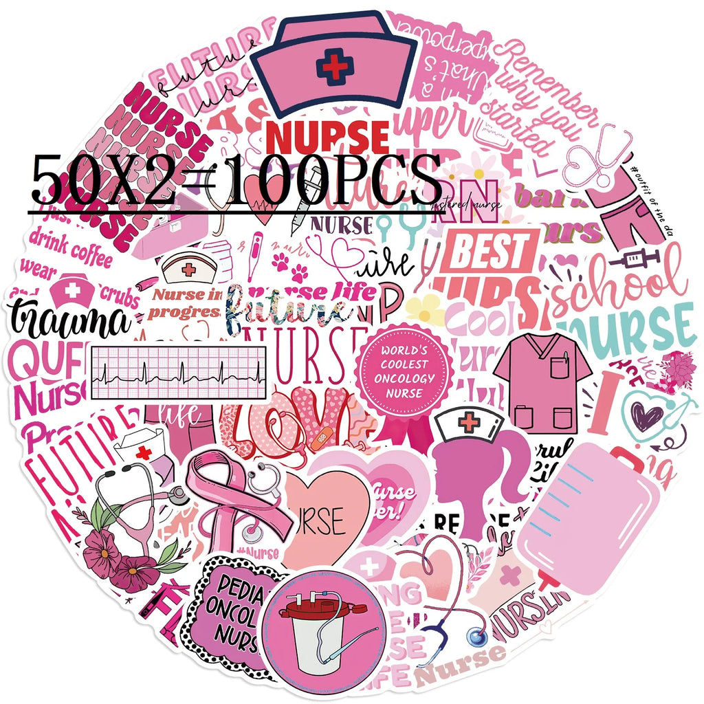 50/100PCS Pink Nurse Graffiti Stickers Decorative Guitar Luggage DIY Waterproof Stationery Notebook Stickers
