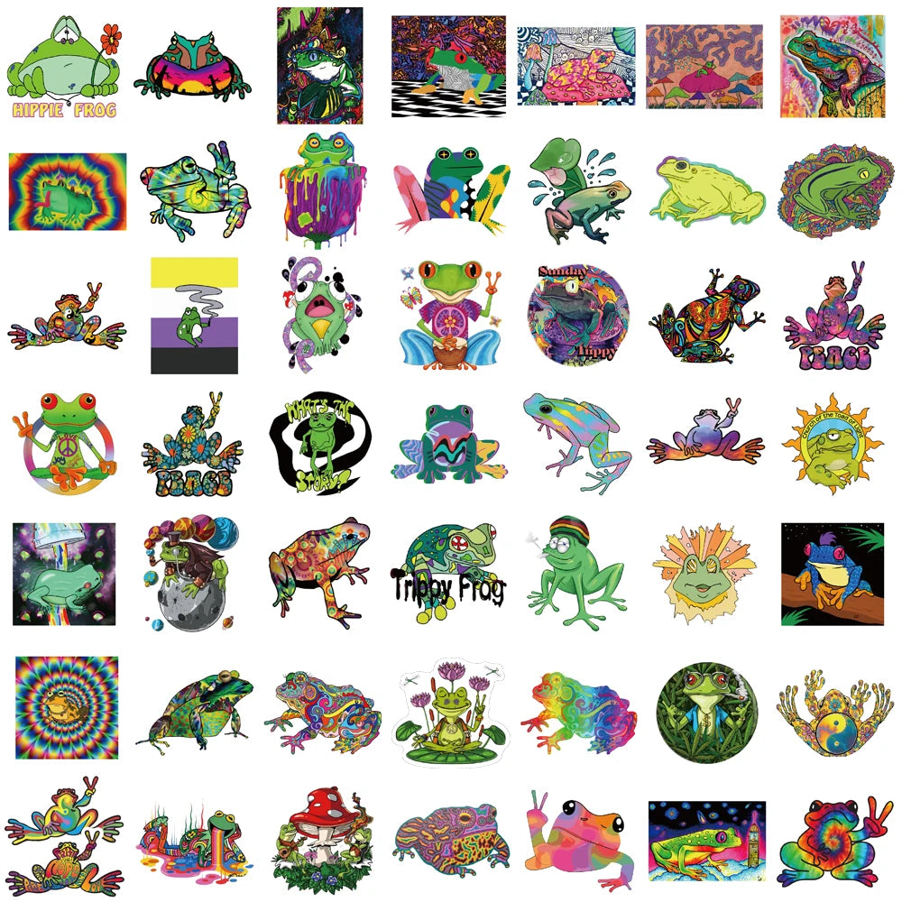 50PCS Psychedelic Frog Stickers Cute Nostalgia Golden Laptop Luggage Home Decoration Harvest Graffiti Diary Packaging Decals
