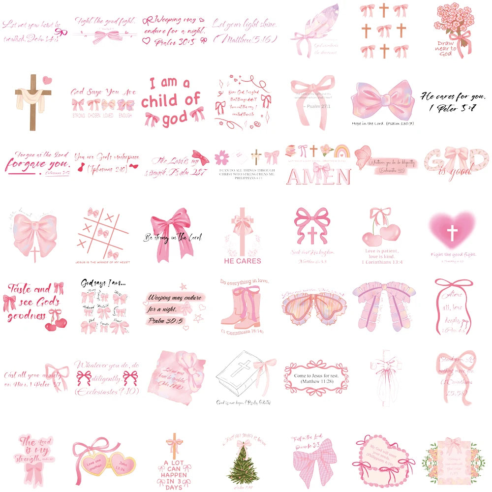 50PCS Pink Bow Bible Stickers Aesthetic Stationary Harajuku Bicycle Laptop Luggage Phone DIY Art Picture Suitcase Sticker