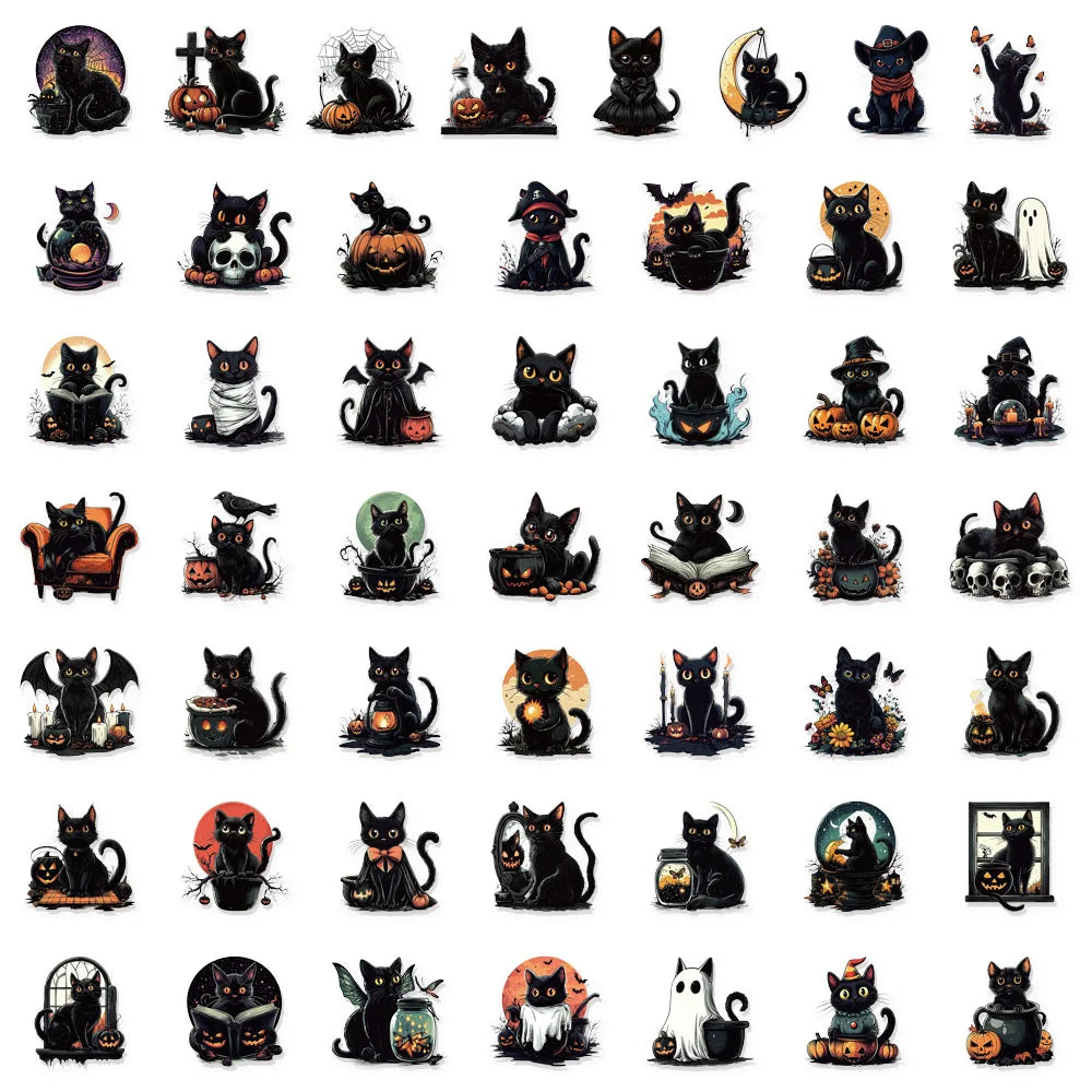 50PCS Halloween Black Cat Fun PET Stickers Decoration Computer Scrapbook Refrigerator Phone Case Speaker Guitar Toy Stickers