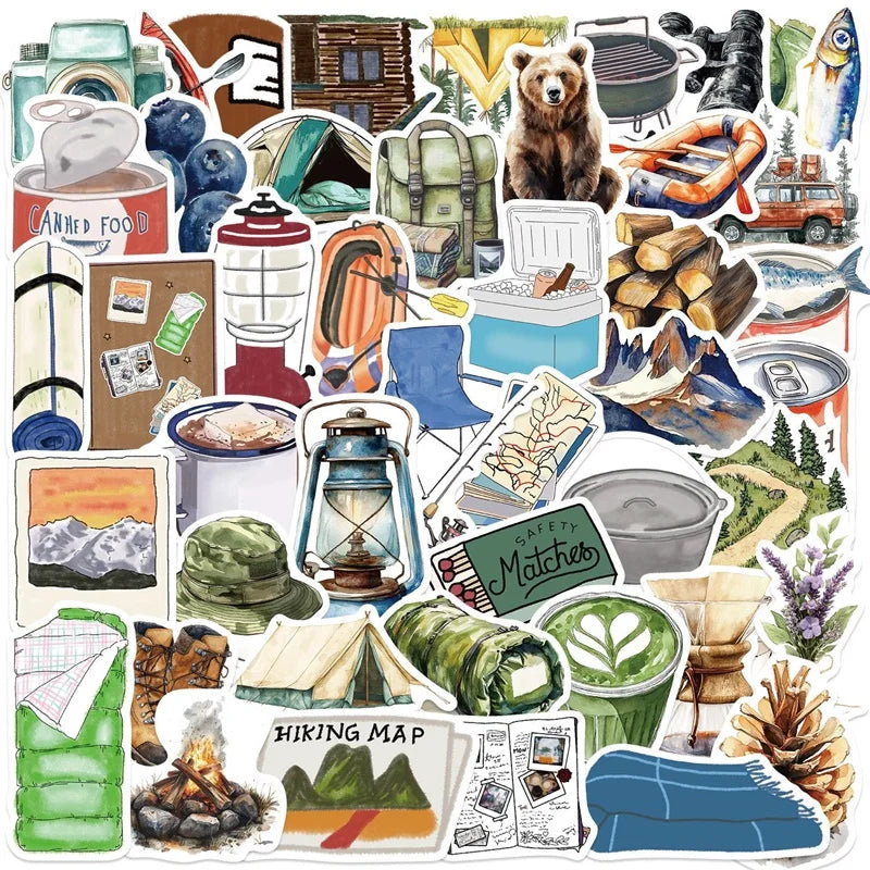 10/30/50PCS Watercolor Outdoor Camping PVC Sticky Sticker Aesthetic DIY Decoration Scrapbooking School Supplies for Kids