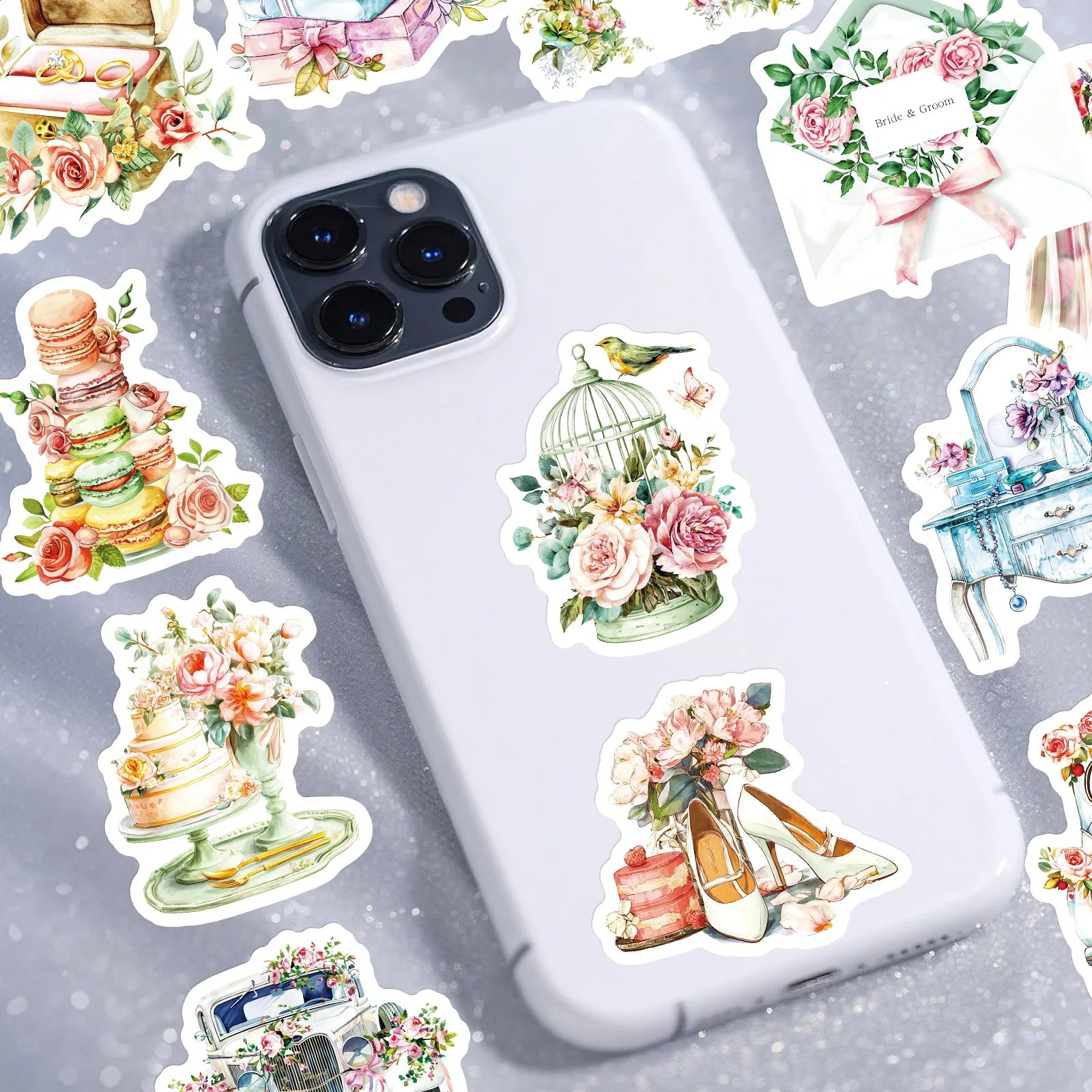 56PCS Vintage Wedding Flower Stickers Gift Box Party Decoration Stationery Notebook Suitcase Fridge DIY Aesthetic Decal Sticker