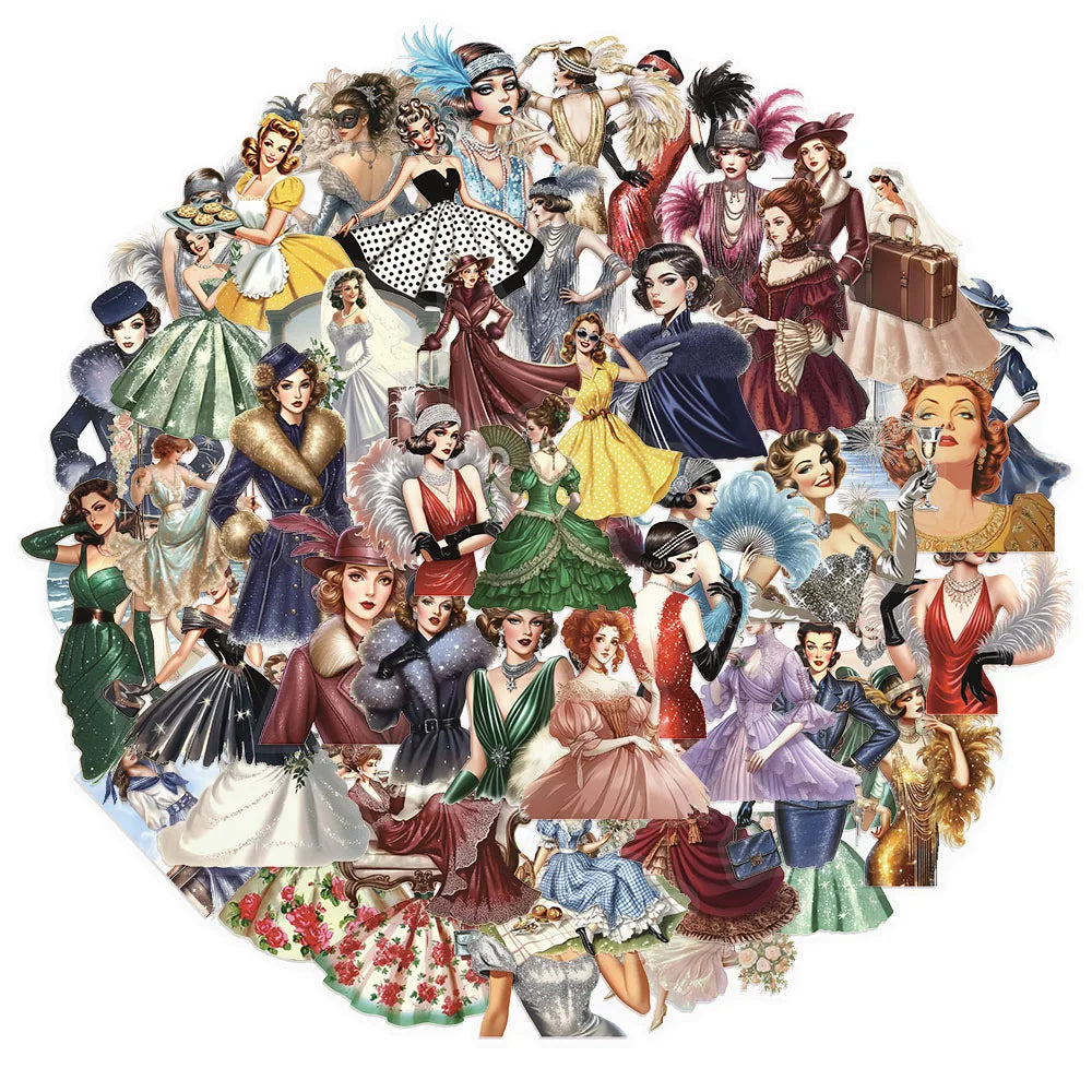 50PCS Retro Women's Classic PET Stickers Decorative Computer Scrapbook Refrigerator Phone Case Speaker Guitar Toy Stickers