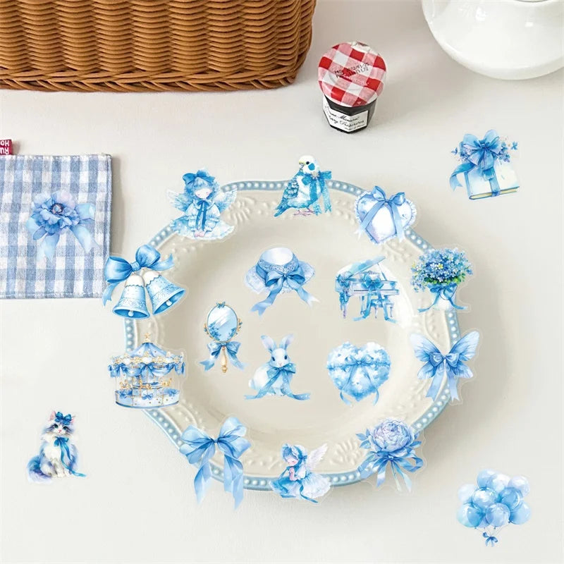 50PCS Kawaii Blue Bow PET Sticky Sticker Aesthetic Tear Open Korean Decoration Scrapbooking Stationery Supplies for Kids