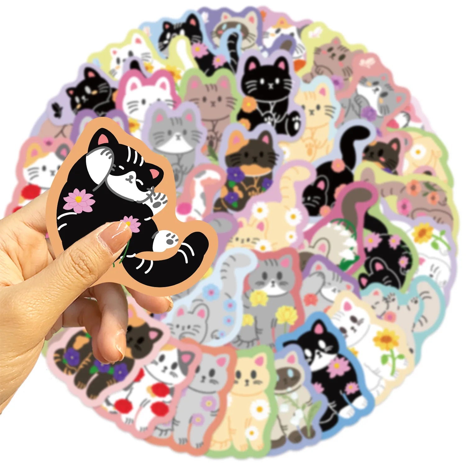 50/100PCS Colorful Edge Flower Cat Cartoon Image Graffiti Stickers Trolley Box Diary Waterproof Stationery Decorative Sticke