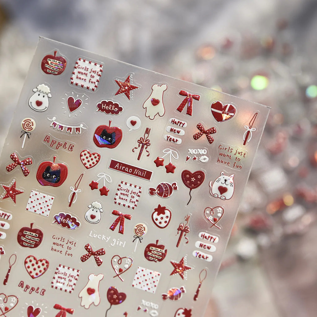 New Year Nails 3D Decorations Stickers Cute Red Graffiti Mini Horse Heart Bow tie Nail Art Stickers DIY Adhesive Nails Stickers