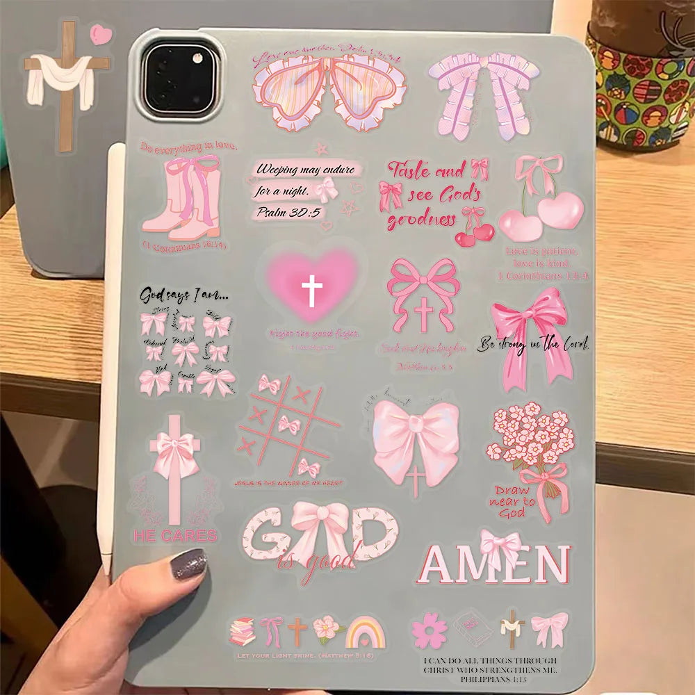 50PCS Pink Bow English Inspirational Series PET Stickers DIY Phone Case Laptop Tablet Toy Stickers