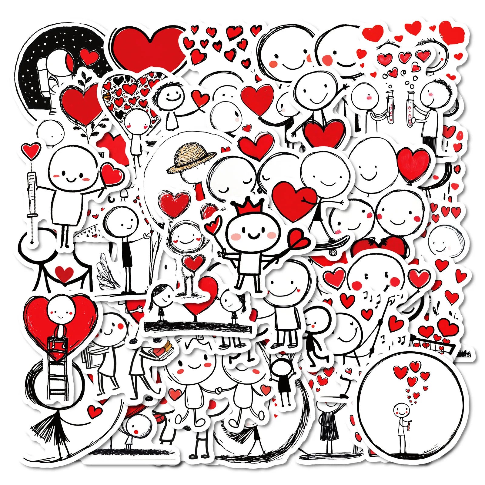 50PCS Simple Line Graffiti Stickers Red Heart Cartoon DIY Children Staionary Notebook Stickers