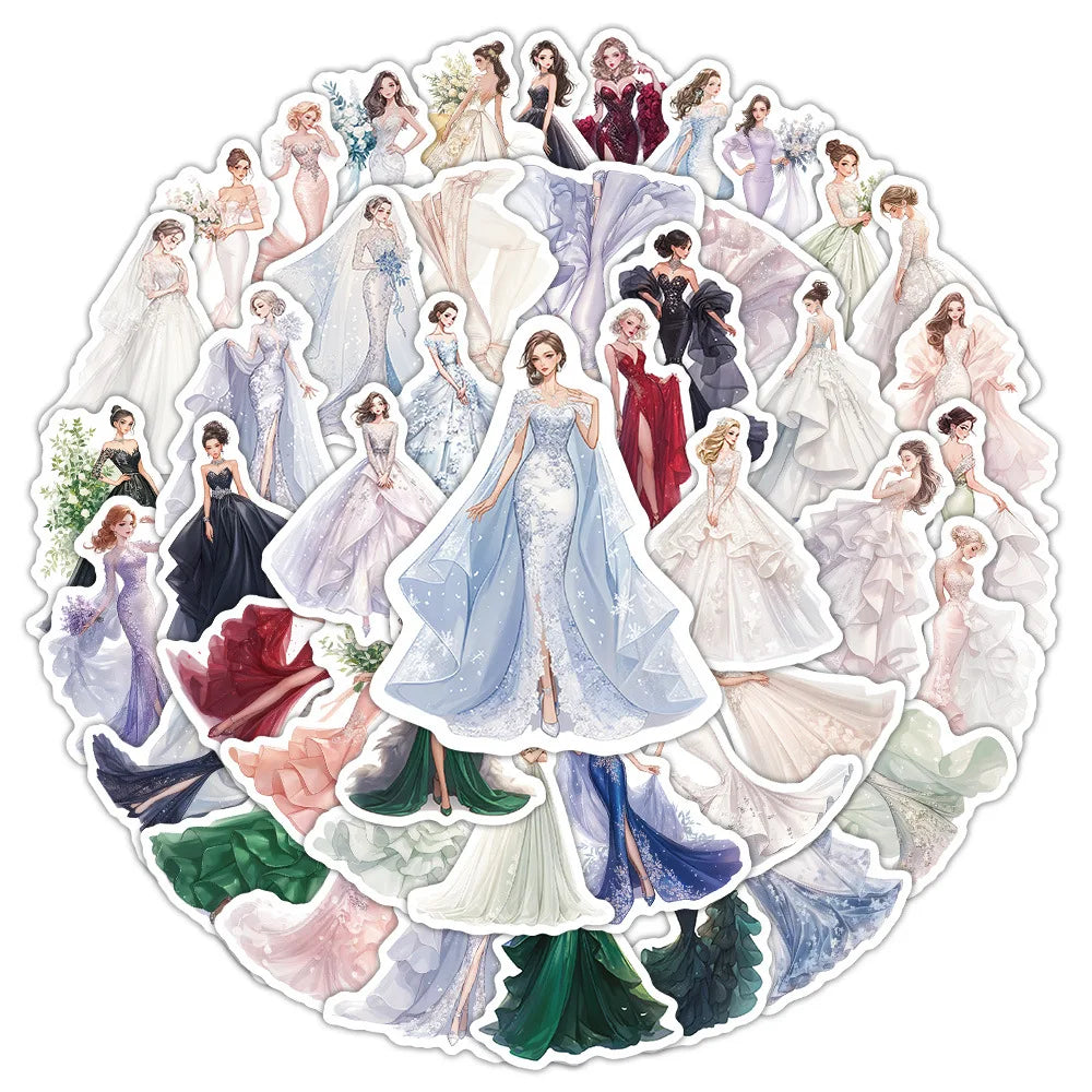 50/100 Pcs Cute Bride in Wedding Dress Stickers for Cup Wardrobe Fridge Stationery Box Guitar Piano Lunch Box Reward Decals