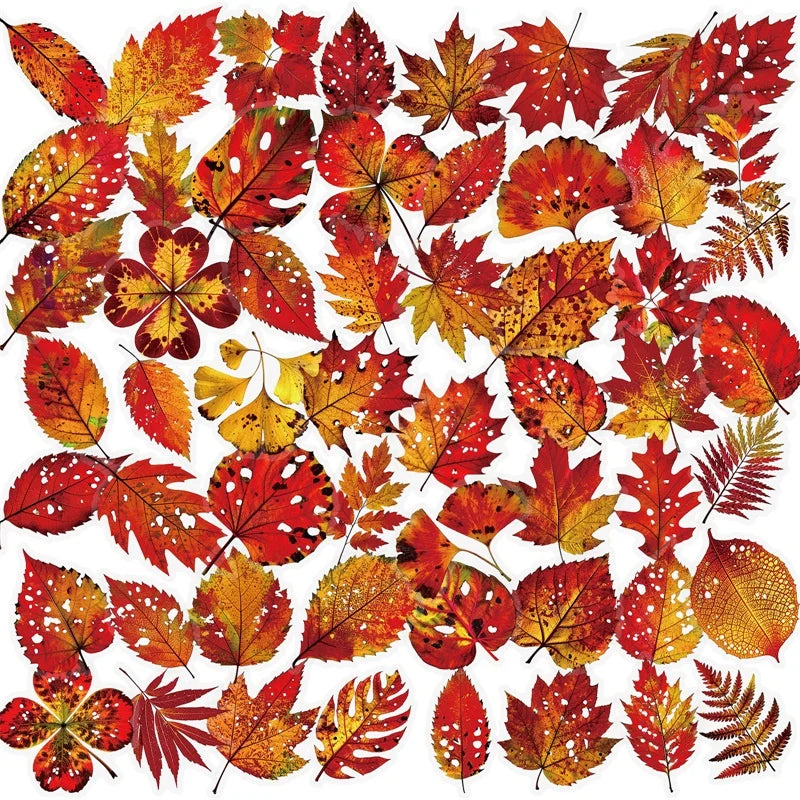 56PCS Red Leaf PET Sticky Sticker Aesthetic Tear Open DIY Decoration Scrapbooking School Stationery Supplies for Kids