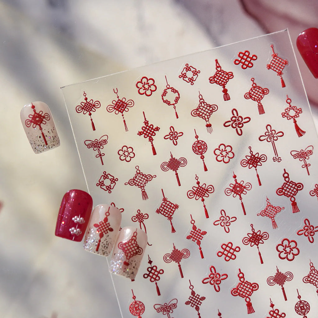 Chinese knot Adhesive Nails 3D Decorations Stickers 5D Embossed Nail Stickers 2026 New Year Nail Art Sticker Manicure Decals DIY