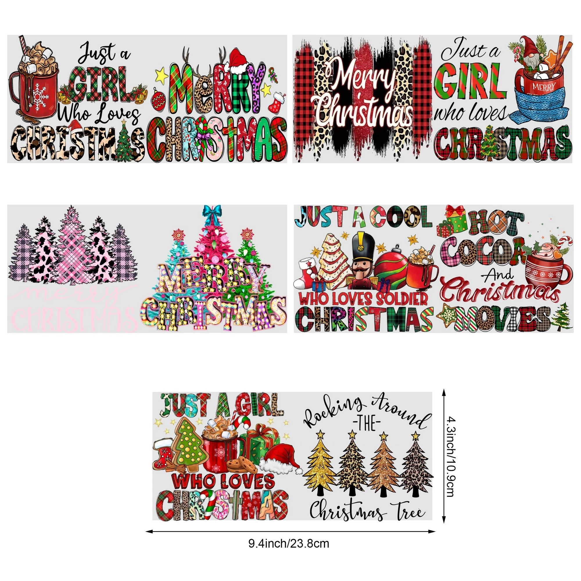 5 sheets Christmas UV DTF Cup Stickers, DTF Transfer Stickers, Waterproof Snowman Wipe-Off Transfer Paper for 16oz Glass, Mug