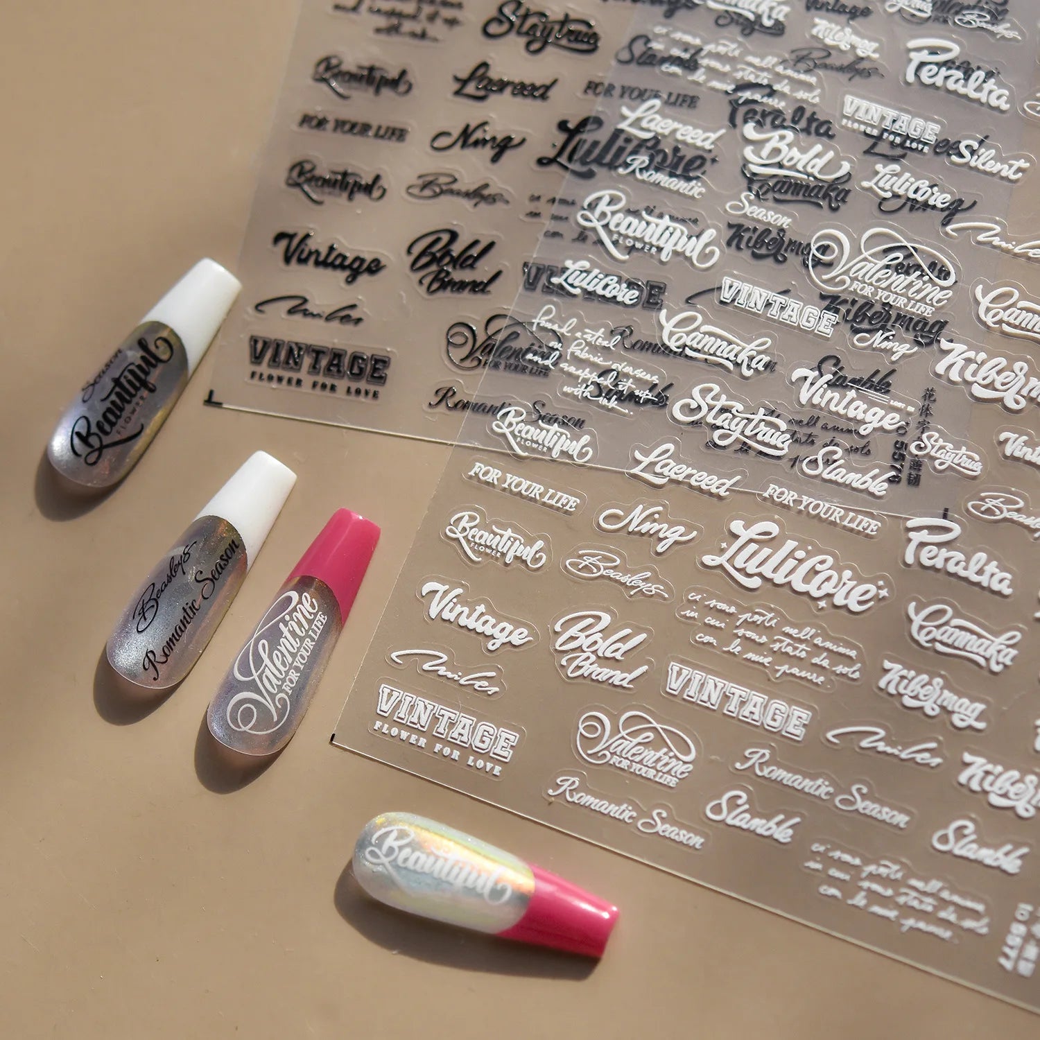 Black White Letter Nail Art Stickers 3D Thin Nails Decorations Stickers Cursive Letters Self Adhesive Transfer Slider Nail Decal