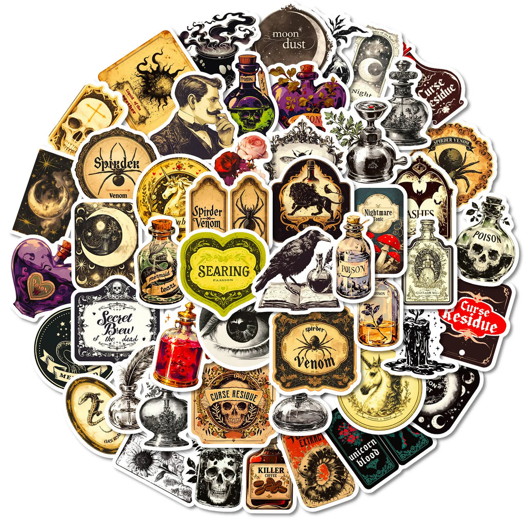 50-Piece Gothic Skull Spider Crow Apothecary Graffiti Stickers for Notebook Luggage Refrigerator Decorative Stickers