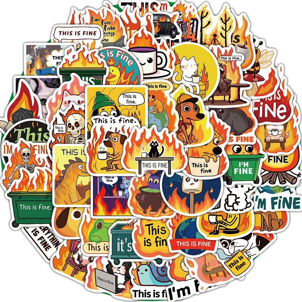 50PCS Cute This is Fine Stickers Skateboard Classic Graffiti Nostalgia Laptop Living Phone Coffee DIY Landscape Wall Bar Sticker