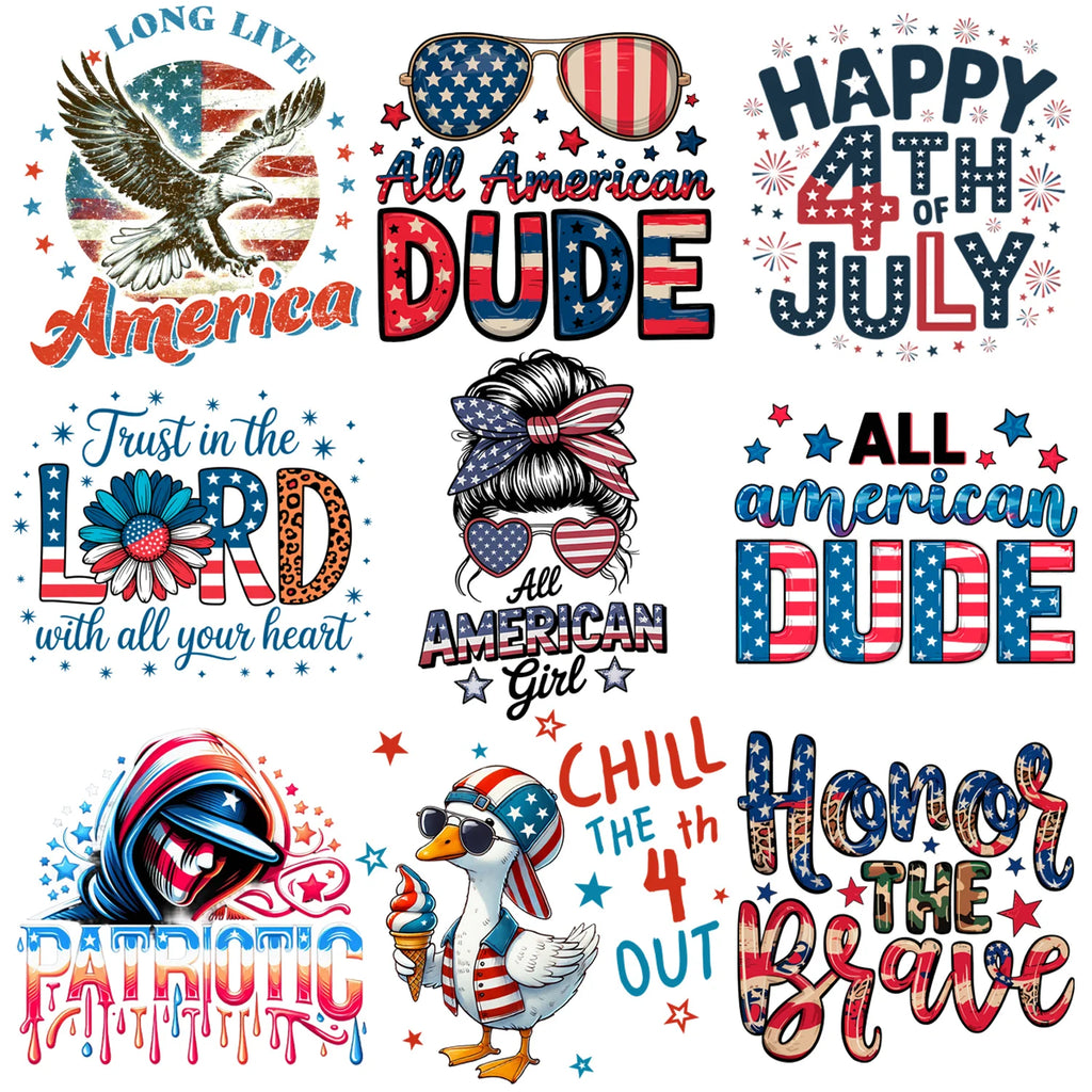 9 sheets flag series DIY Independence Day themed iron-on decals, July 4th themed heat transfer DIY for clothing, T-shirts, jeans
