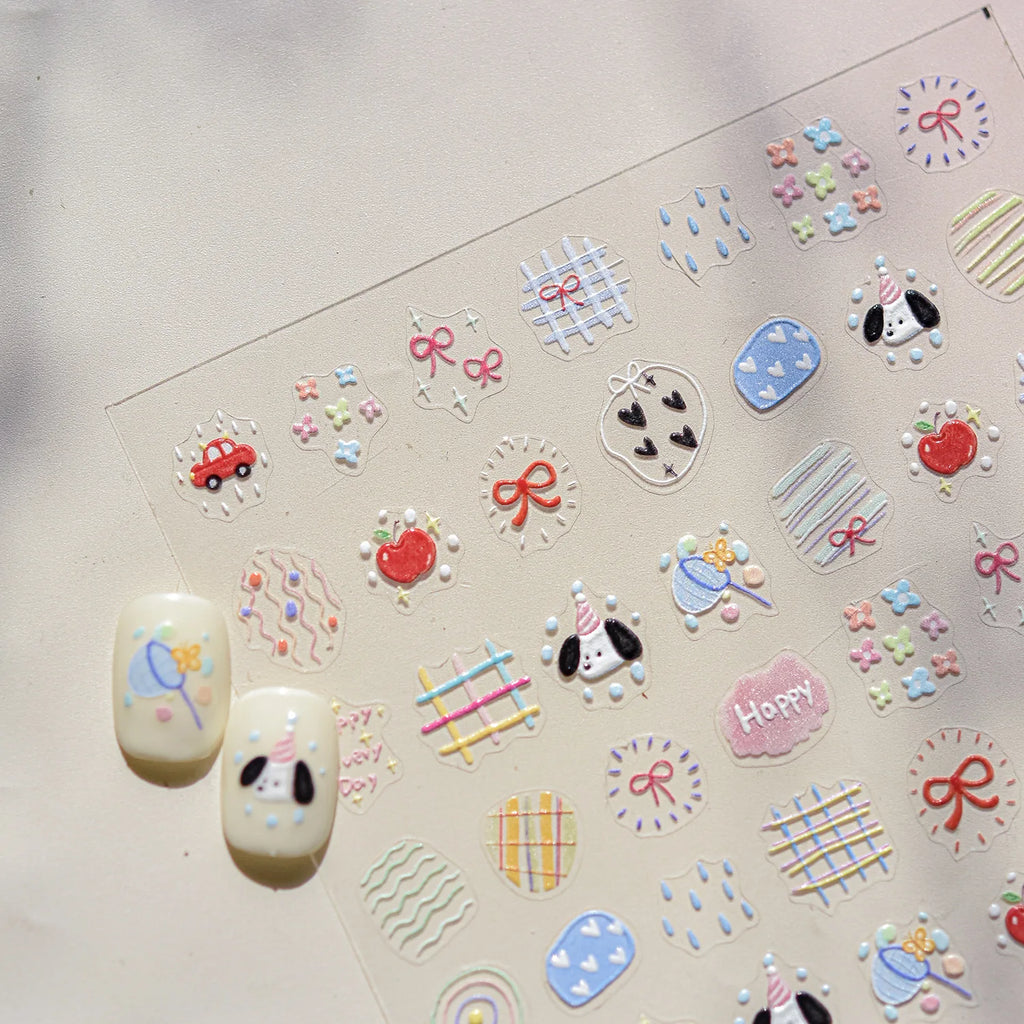 Cute Graffiti Lines Nail Art Stickers 5D Embossed Butterfly Rabbit Nail Art Accessory Stickers DIY Japanese Self Adhesive Decals