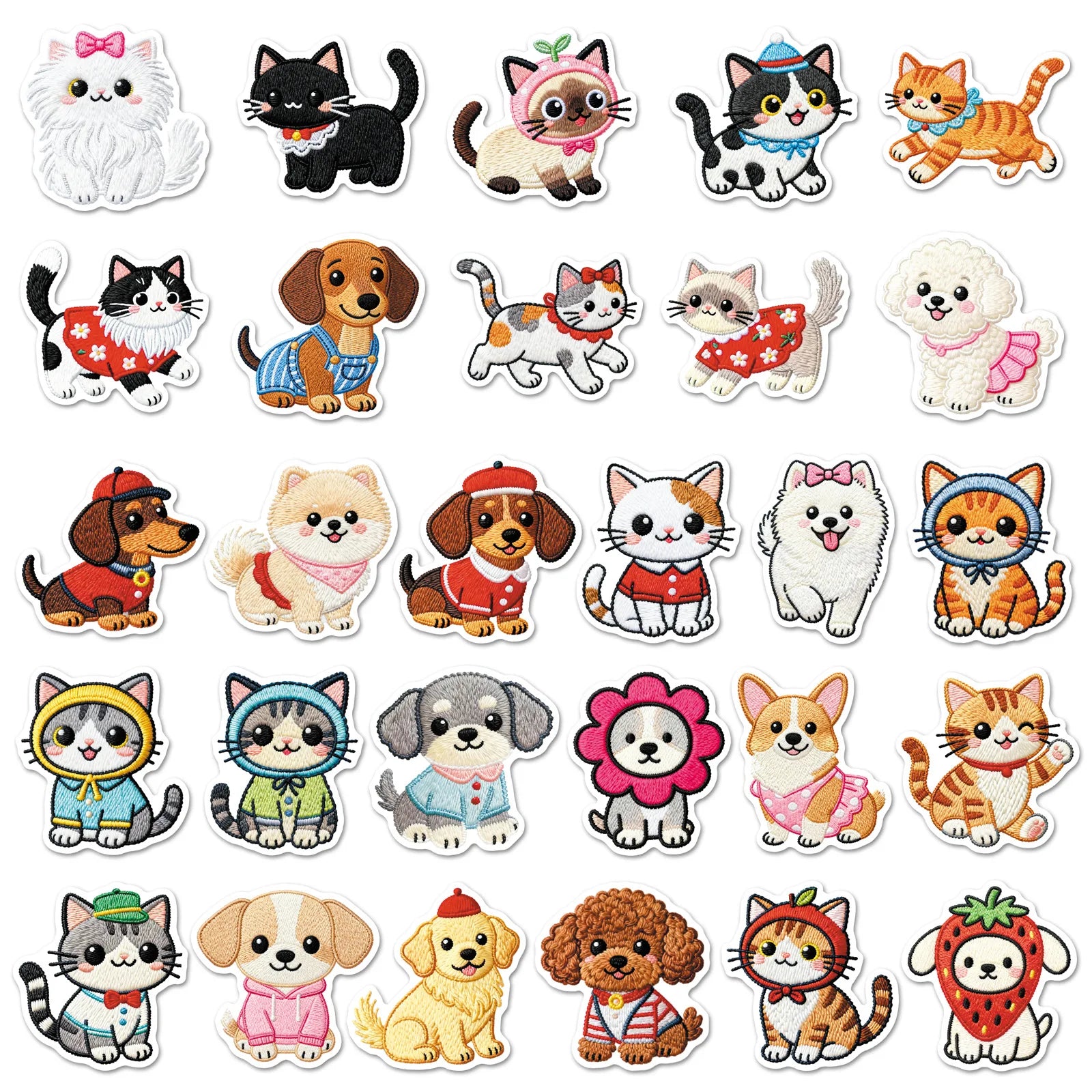56Pcs Embroidered Style Cartoon Cat & Dog Doodle Stickers, Kawaii Pet Decals for Stationery Notebook Cup Phone Fridge Decor