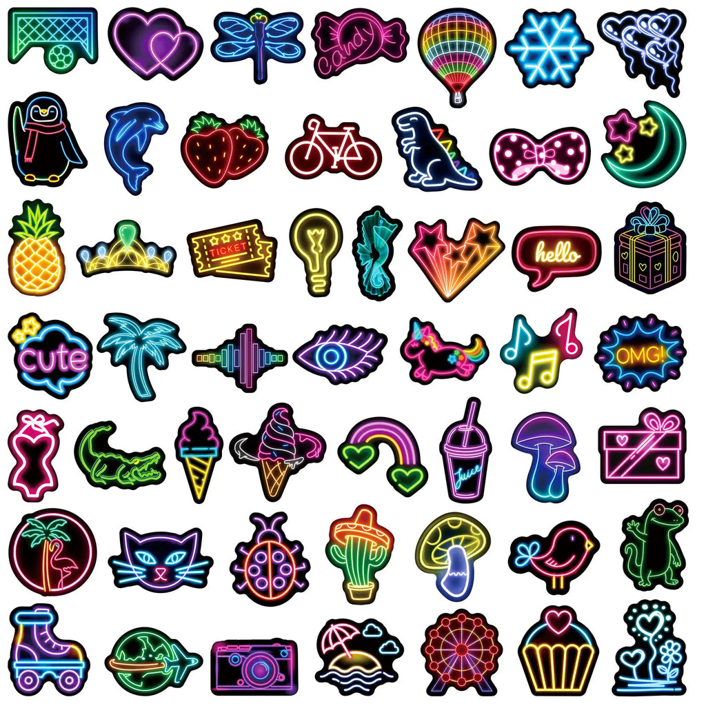 50-Pack Cute Neon Cartoon Graffiti Stickers Waterproof Decorative Decals for Laptop Skateboards Mobiles Suitcases Helmets