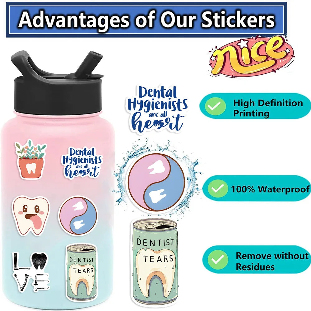 50PCS Cartoon Dental Graffiti Stickers Guitar Notebook Luggage DIY Waterproof Stationery Pen Holder Decorative Stickers