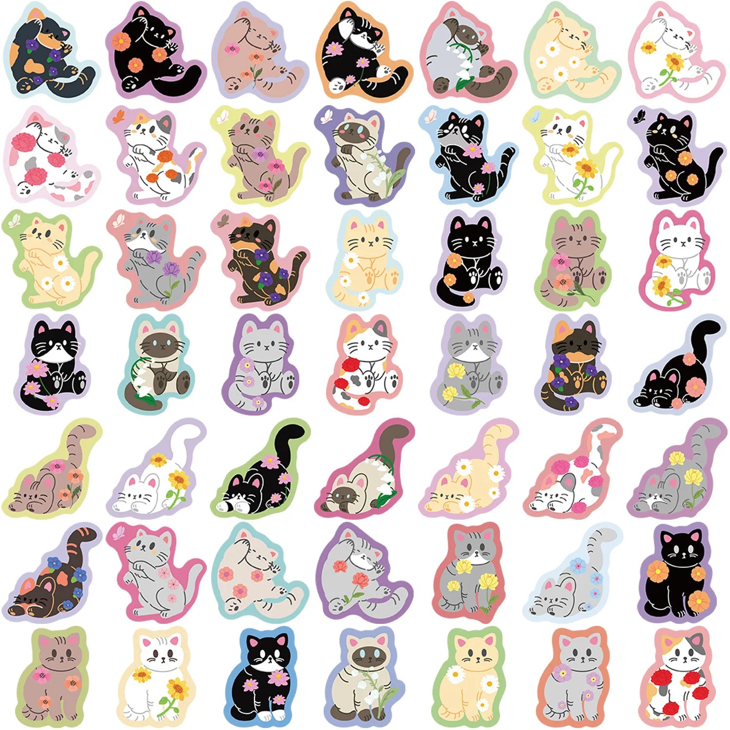 50/100PCS Colorful Edge Flower Cat Cartoon Image Graffiti Stickers Trolley Box Diary Waterproof Stationery Decorative Sticke