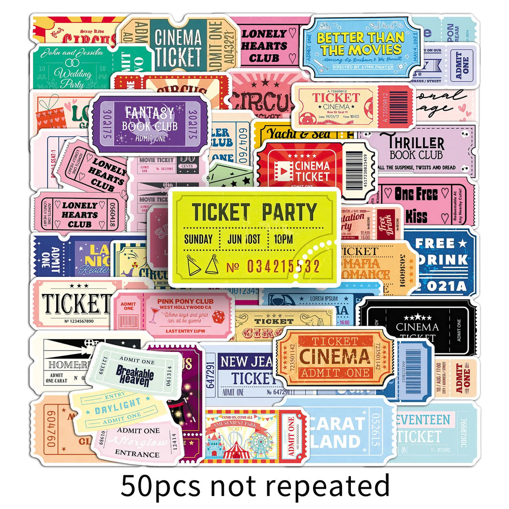 50-Pack Creative Cartoon Ticket Stickers Waterproof DIY Graffiti Decals for Mobile Phones Guitars Helmets Luggage Notebooks