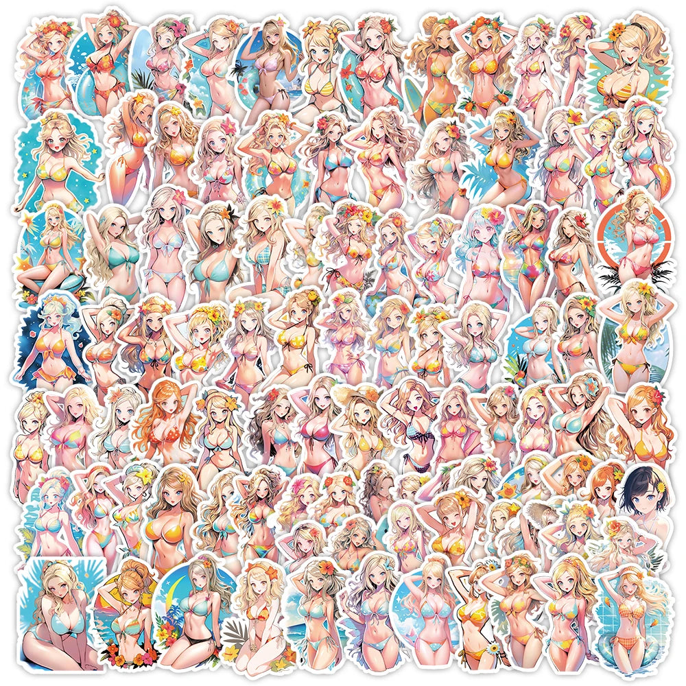 100 Pcs Cartoon Bikini Cartoon Sickers, Car Phone Water Cup Decoration Stickers, Waterproof Stationery Stickers