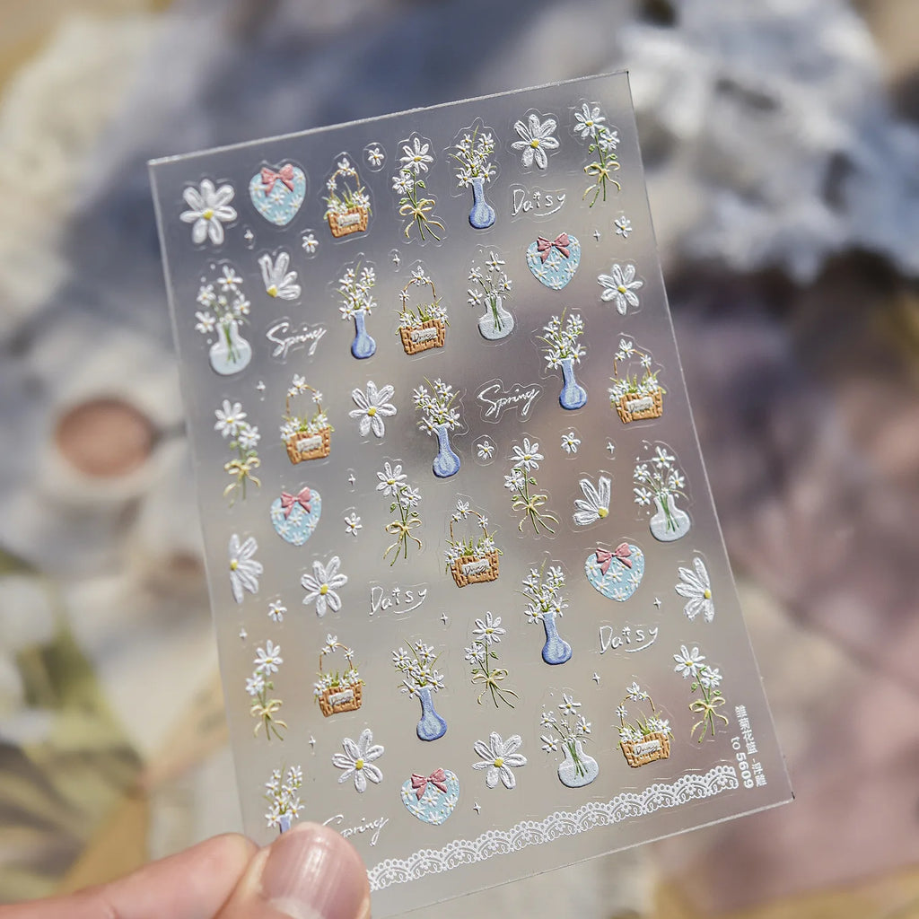 Spring Flowers Nail Charms Stickers 5D Semi-transparent Rose Daisy Flowers Self Adhesive Manicure Decorations Sticker Decals DIY