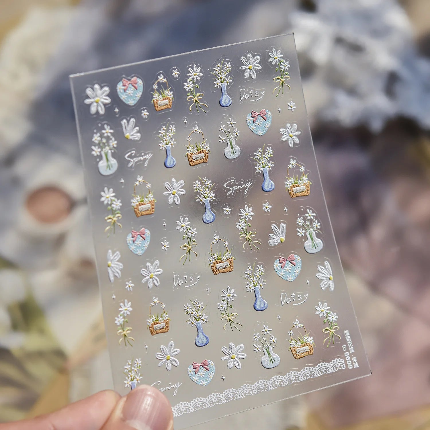 Spring Flowers Nail Charms Stickers 5D Semi-transparent Rose Daisy Flowers Self Adhesive Manicure Decorations Sticker Decals DIY