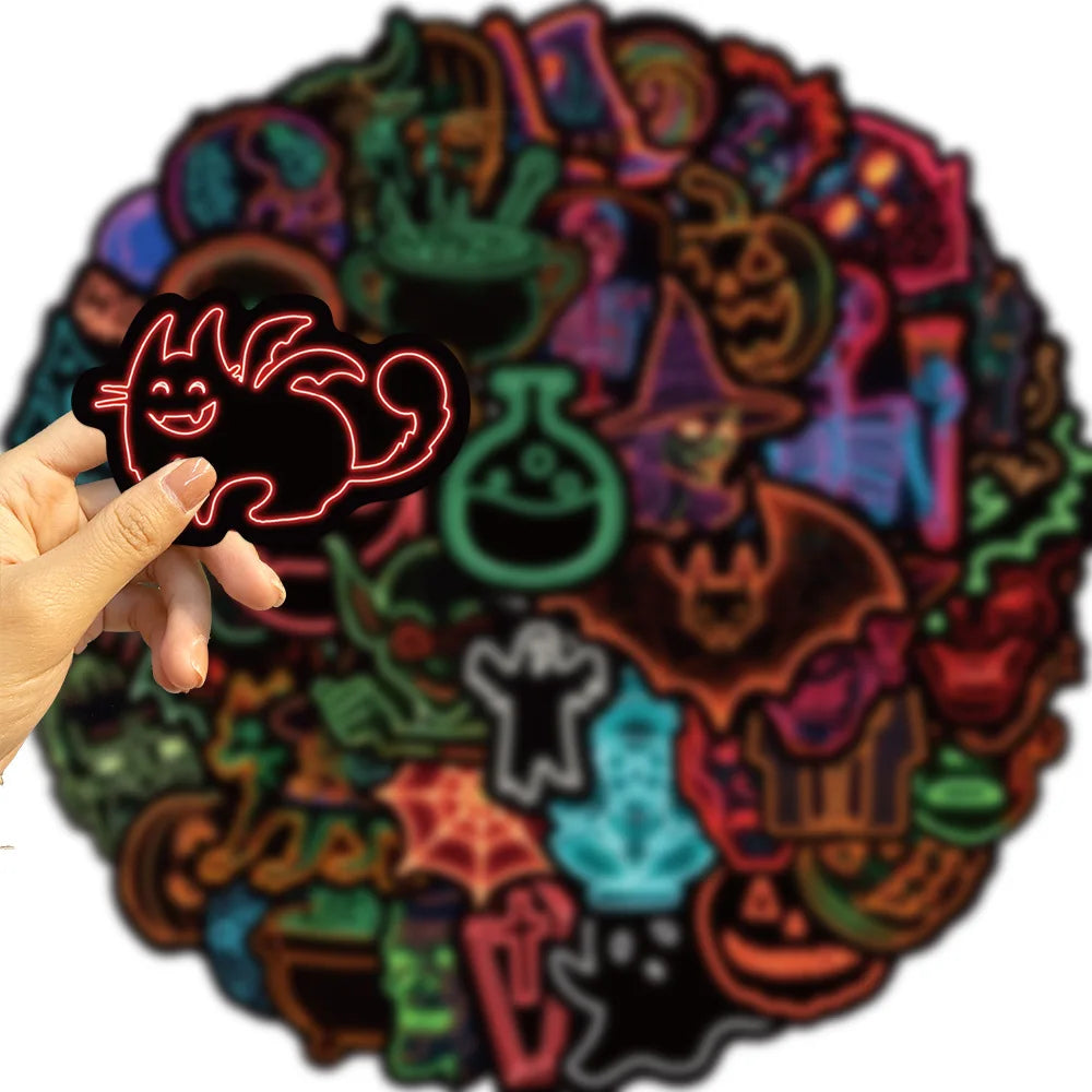 50PCS Neon lights Halloween Stickers Japanese Style Aesthetic Pumpkin Harajuku Cartoon Happy Halloween Paper Wall Room Bar Decor