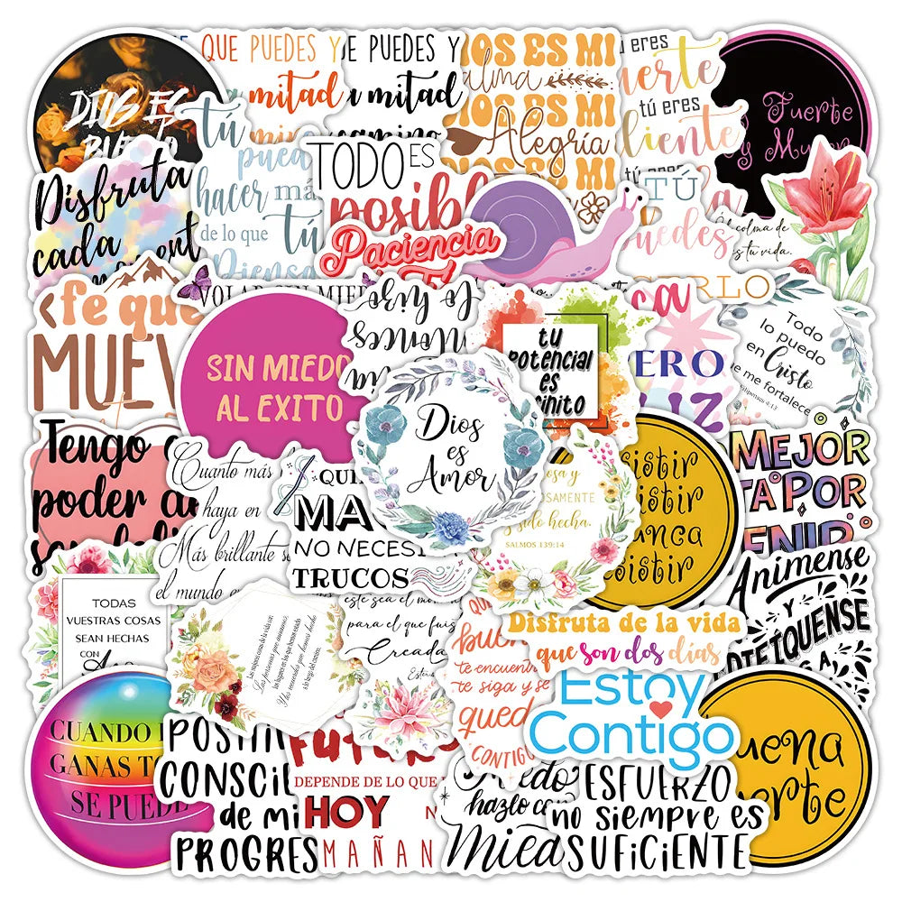 50PCS Spanish Motivational Phrase Stickers for Decor Water Bottles Desktop Computers Cars Stationery Notebooks Stickers