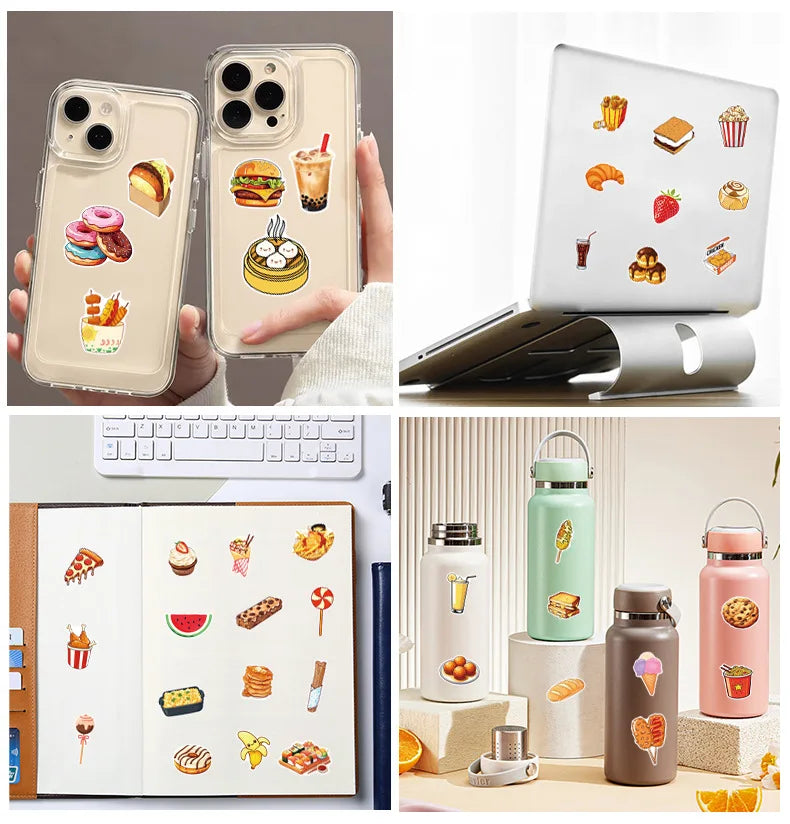 50-Pack Cartoon Food Drink Snack Doodle Stickers Waterproof Children's Stationery Notebook Skateboard Stickers
