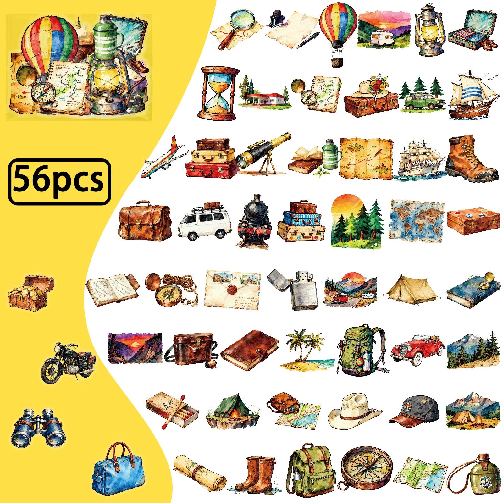 56Pcs Travel Outdoor Vintage PET Stickers, Watercolor Adventure Decals Children's Waterproof Stationery Notebook Stickers