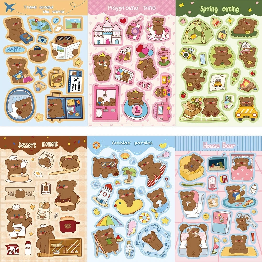 8PCS Cartoon Cute Bear Character Sticker DIY Handbook Card Phone Decoration Korean